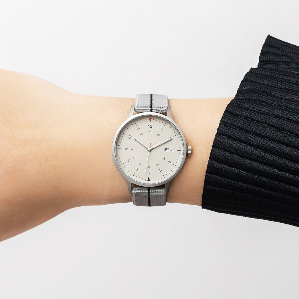 B70 Watch, Silver Case, Beige Dial, Calendar, Luminous, Stretch Nylon straps - Gray