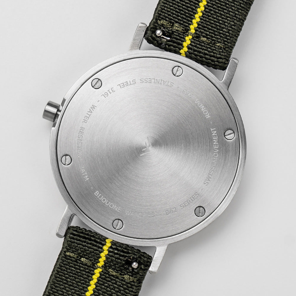 B60 Watch, Silver Case, silver Dial, Stretch Nylon straps - Green