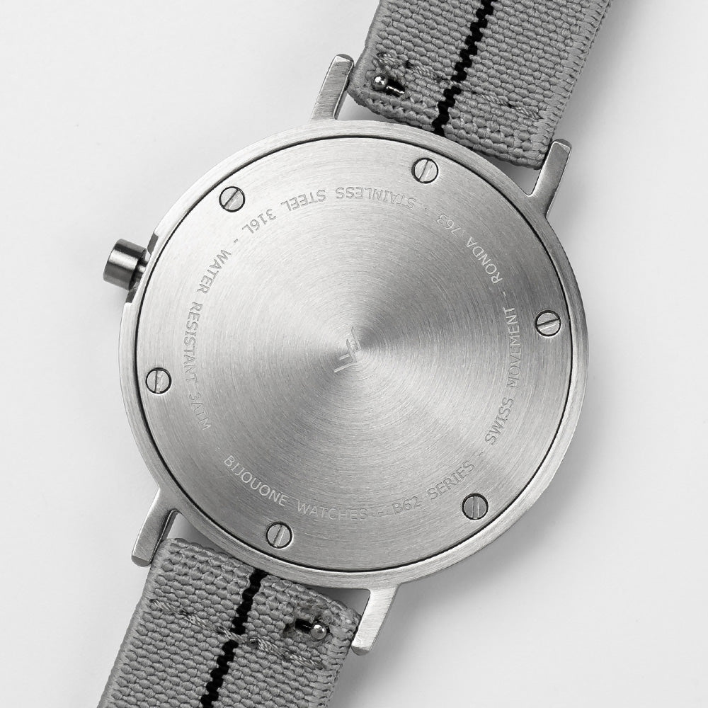 B60 Watch, Silver Case, silver Dial, Stretch Nylon straps - Gray