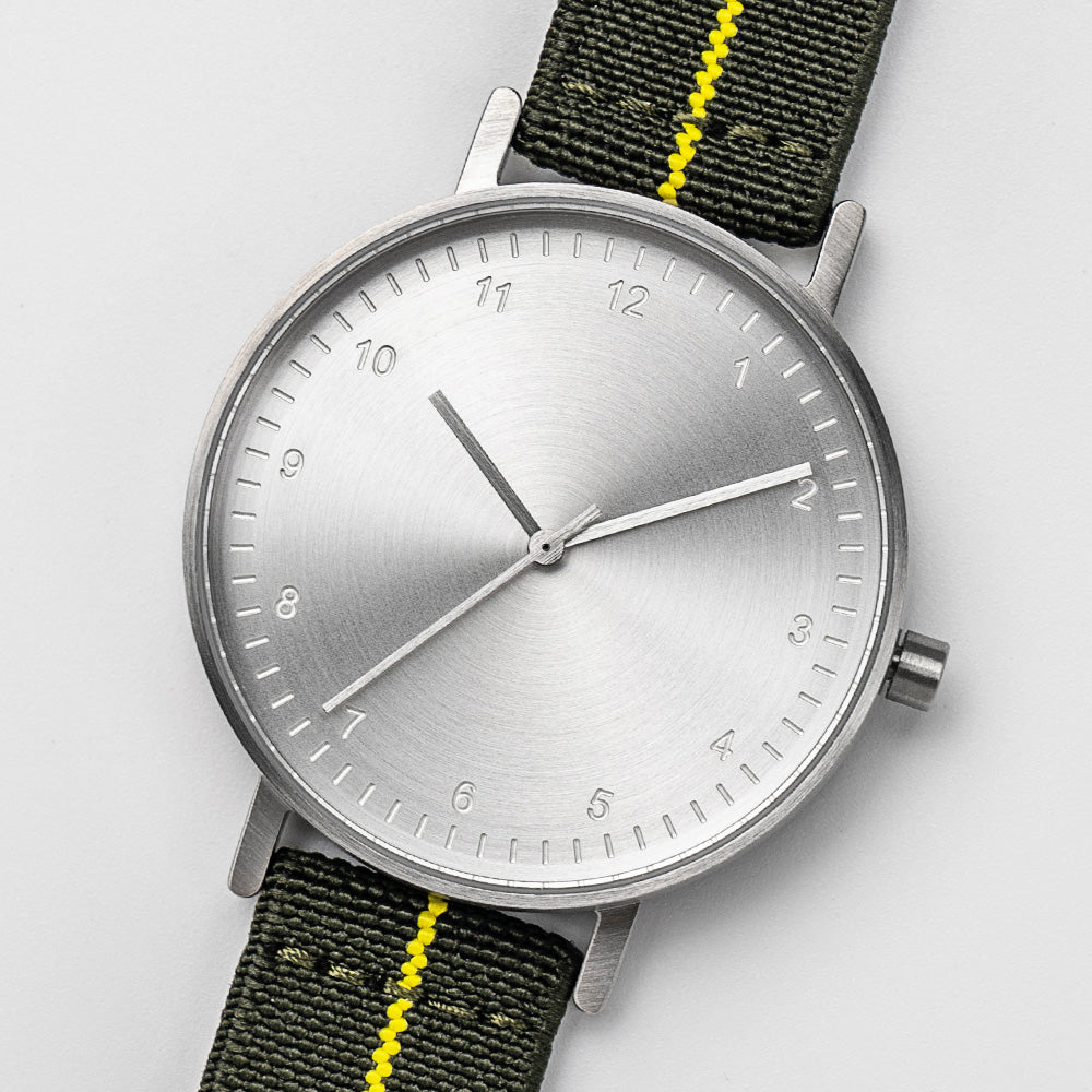 B60 Watch, Silver Case, silver Dial, Stretch Nylon straps - Green