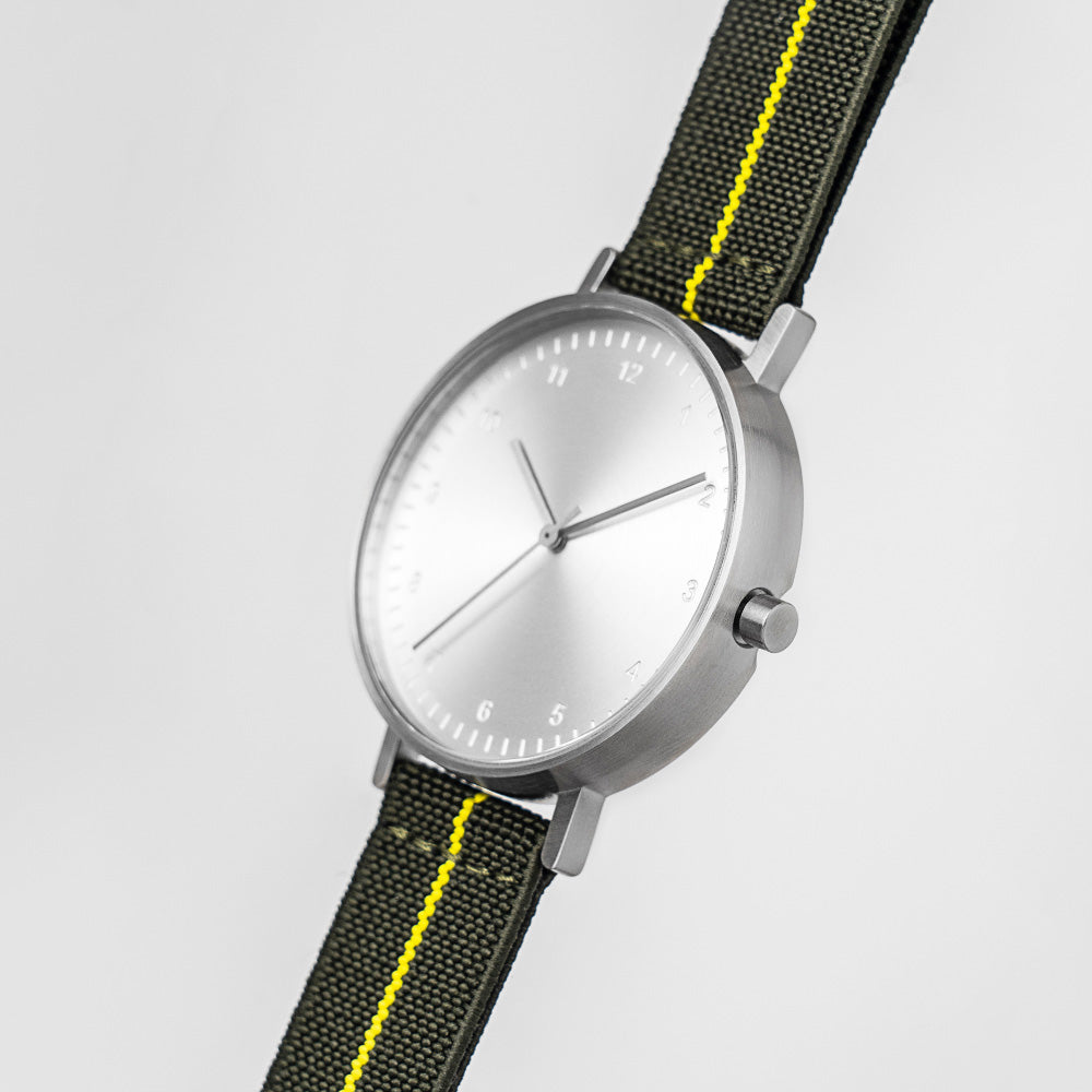 B60 Watch, Silver Case, silver Dial, Stretch Nylon straps - Green