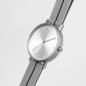 B60 Watch, Silver Case, Silver Dial, Stretch Nylon Strap