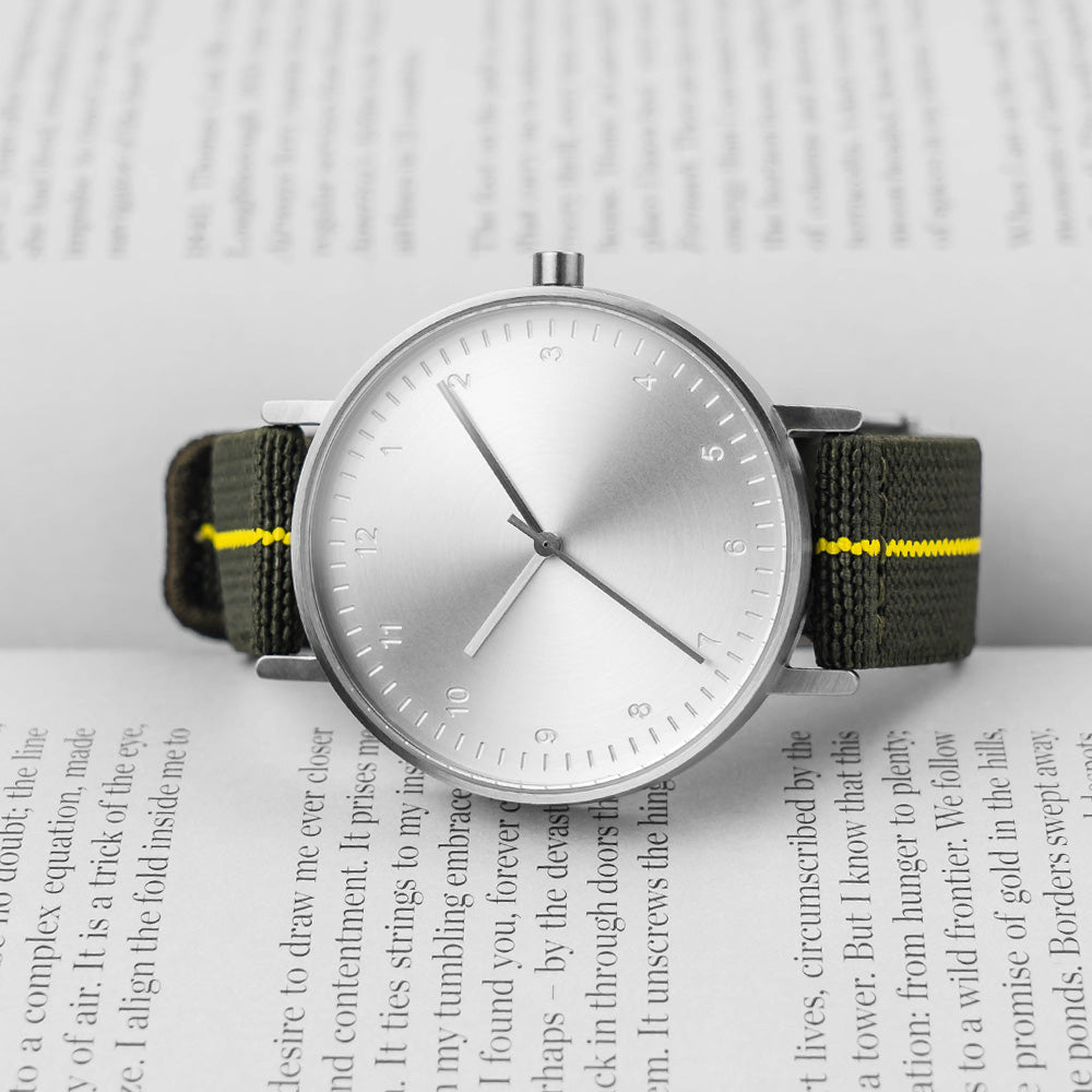 B60 Watch, Silver Case, silver Dial, Stretch Nylon straps - Green