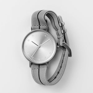 B60 Watch, Silver Case, Silver Dial, Stretch Nylon Strap
