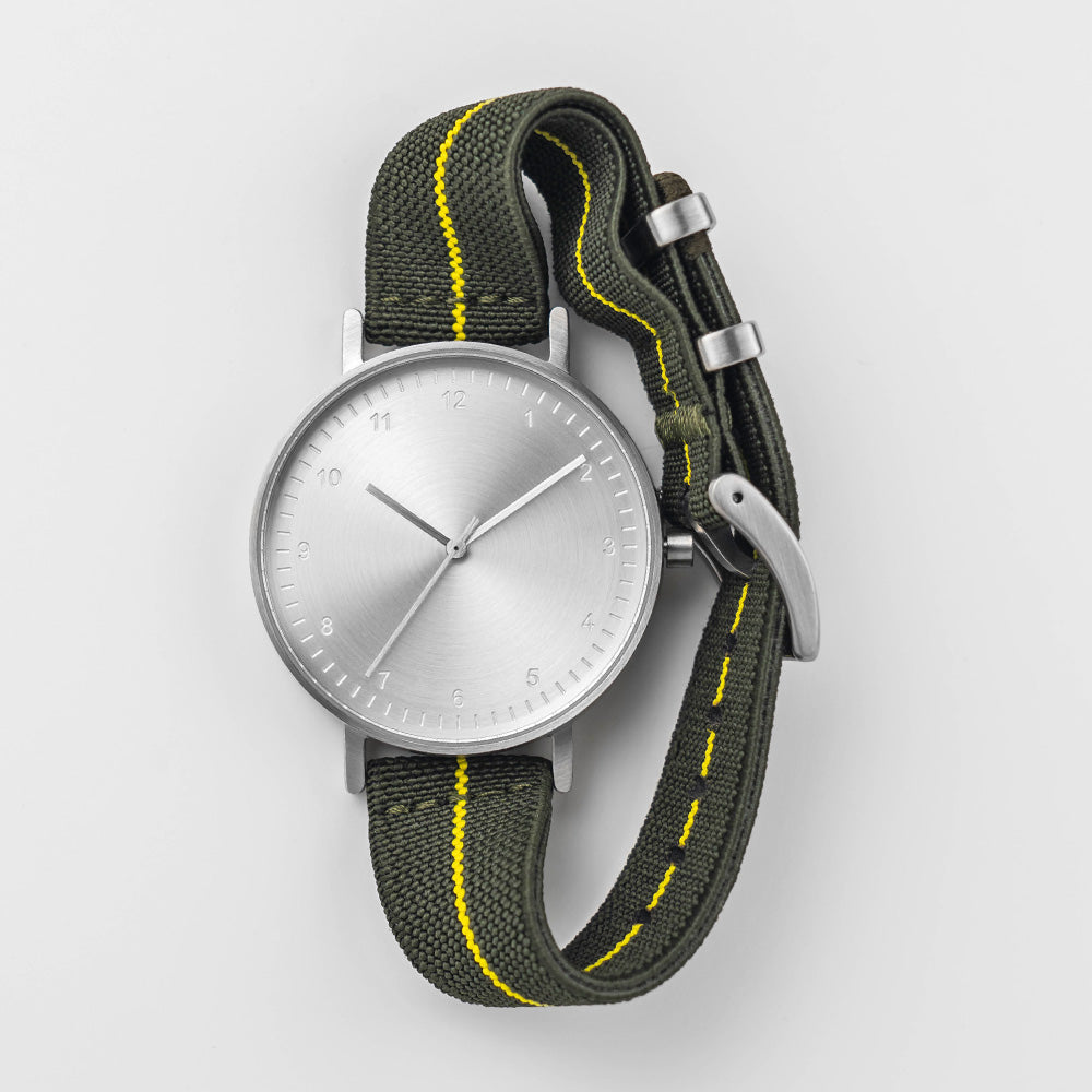 B60 Watch, Silver Case, silver Dial, Stretch Nylon straps - Green