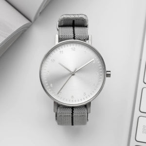 B60 Watch, Silver Case, Silver Dial, Stretch Nylon Strap