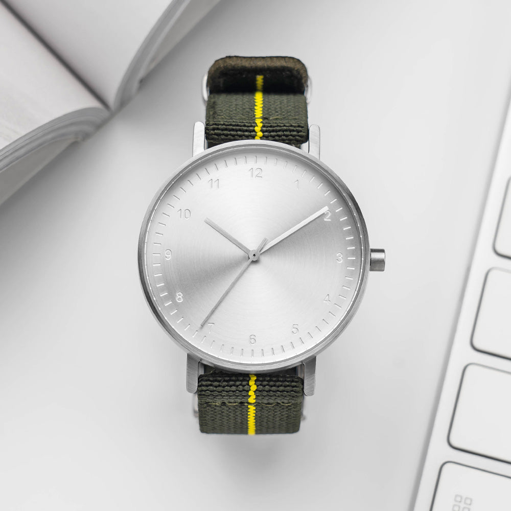 B60 Watch, Silver Case, silver Dial, Stretch Nylon straps - Green