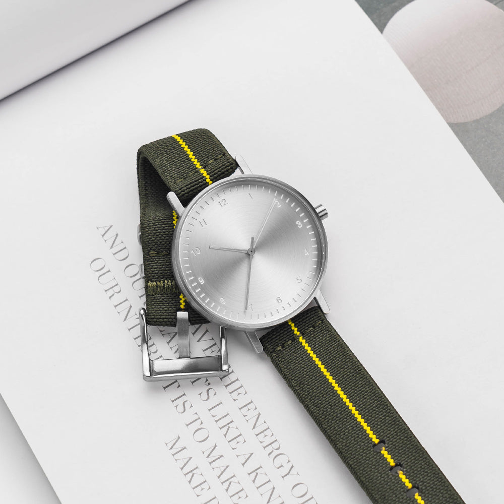 B60 Watch, Silver Case, silver Dial, Stretch Nylon straps - Green