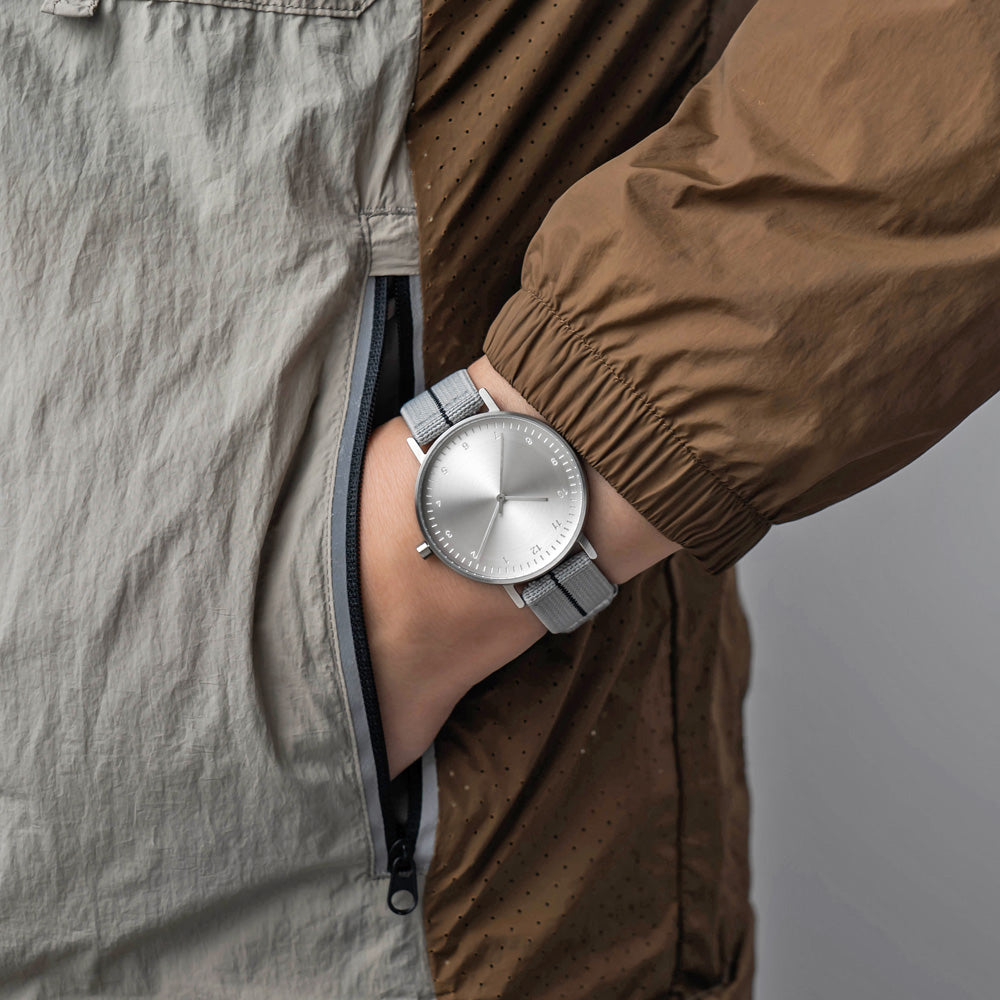 B60 Watch, Silver Case, silver Dial, Stretch Nylon straps - Gray