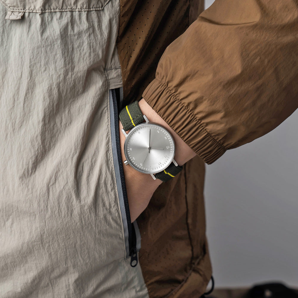 B60 Watch, Silver Case, silver Dial, Stretch Nylon straps - Green