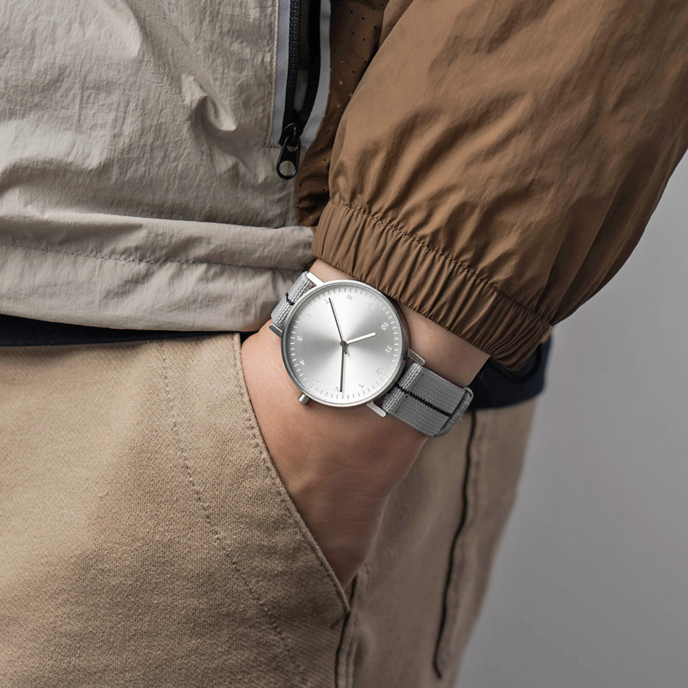 B60 Watch, Silver Case, silver Dial, Stretch Nylon straps - Gray
