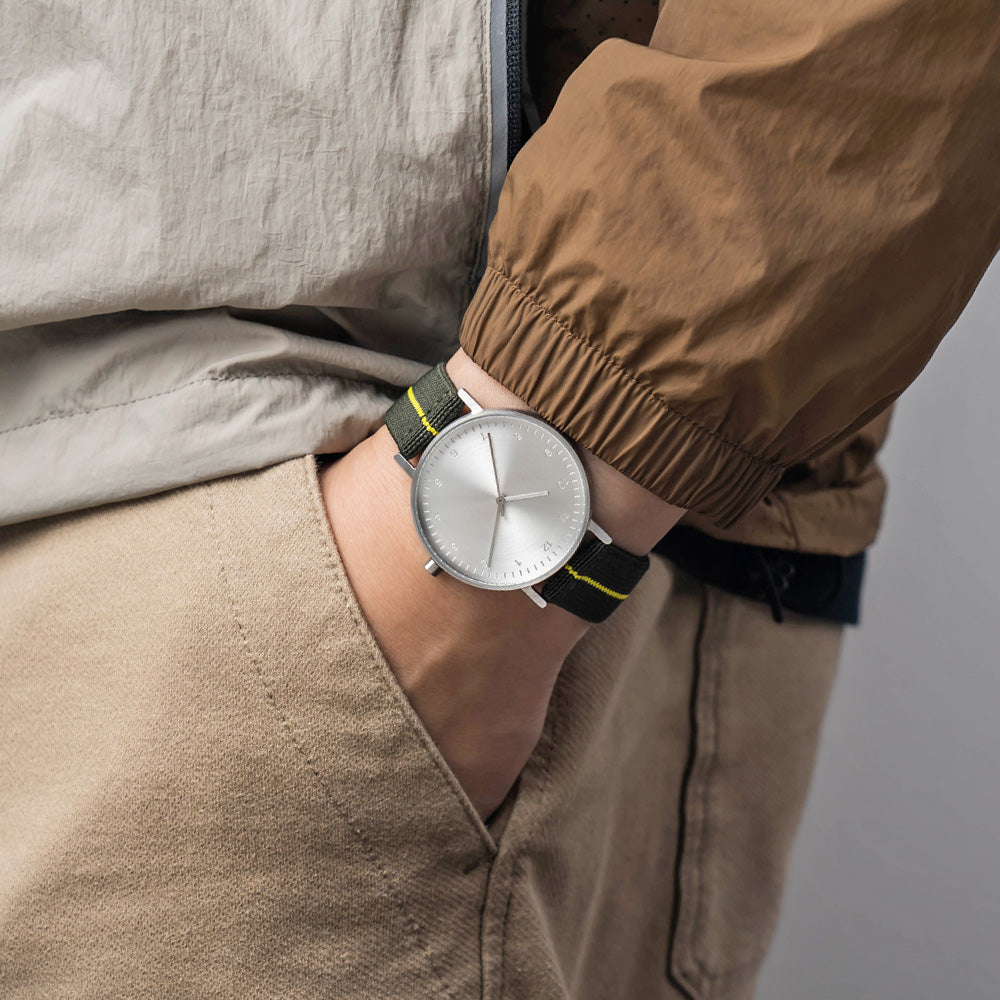 B60 Watch, Silver Case, silver Dial, Stretch Nylon straps - Green