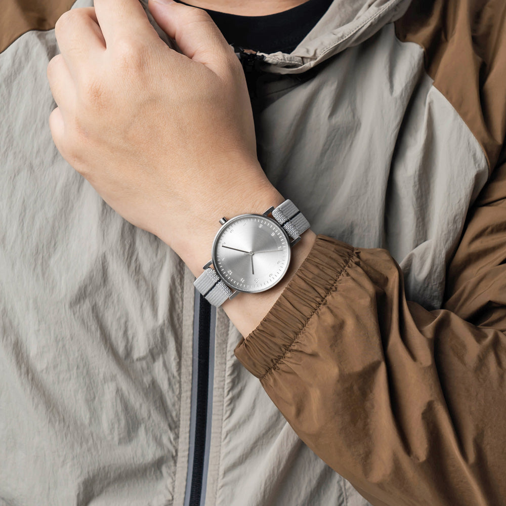 B60 Watch, Silver Case, silver Dial, Stretch Nylon straps - Gray