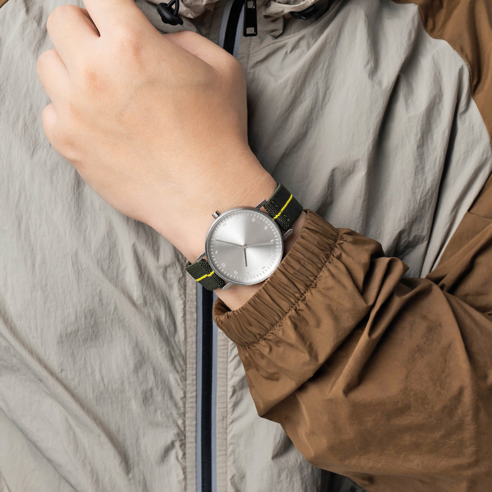 B60 Watch, Silver Case, silver Dial, Stretch Nylon straps - Green