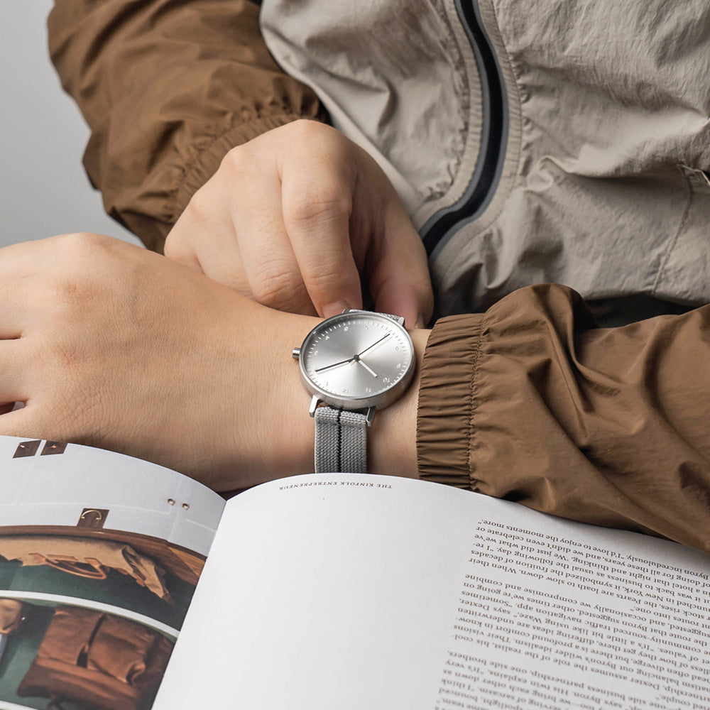 B60 Watch, Silver Case, silver Dial, Stretch Nylon straps - Gray