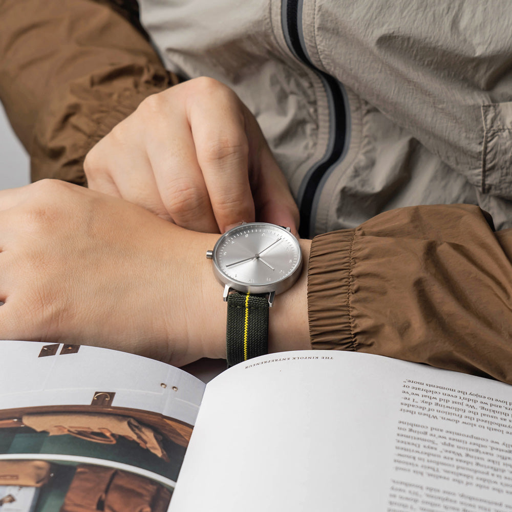 B60 Watch, Silver Case, silver Dial, Stretch Nylon straps - Green