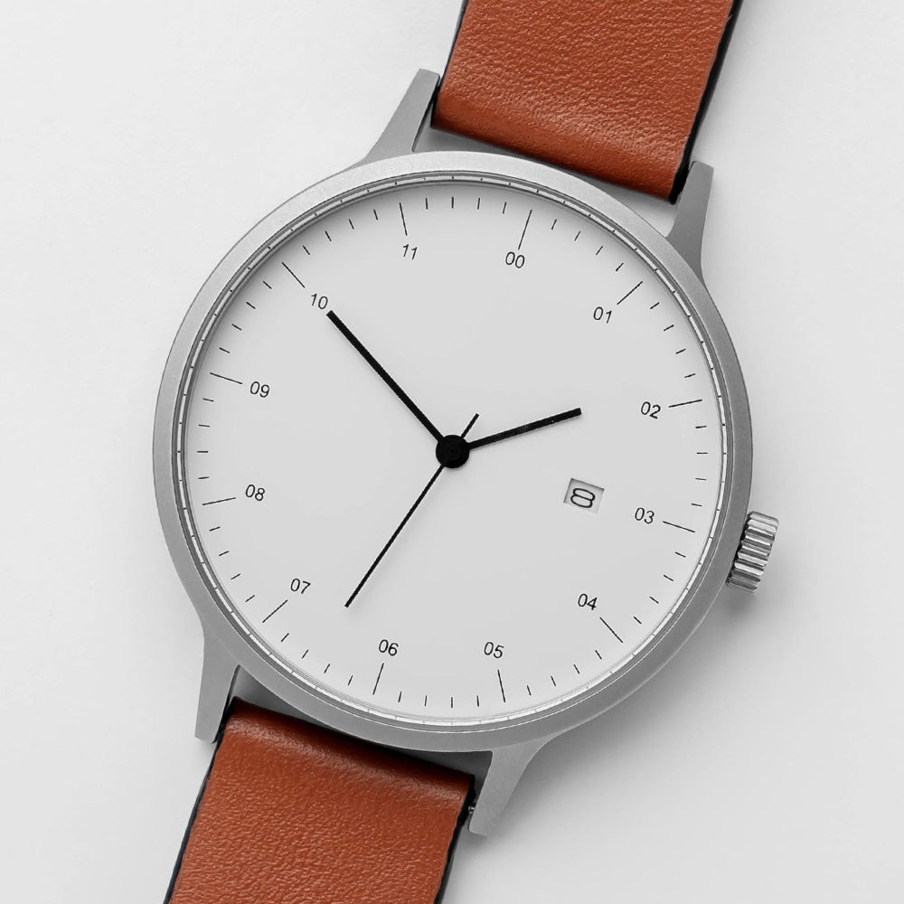 B30 Watch, Silver Case, White Dial, Calendar, Leather Strap - Tan