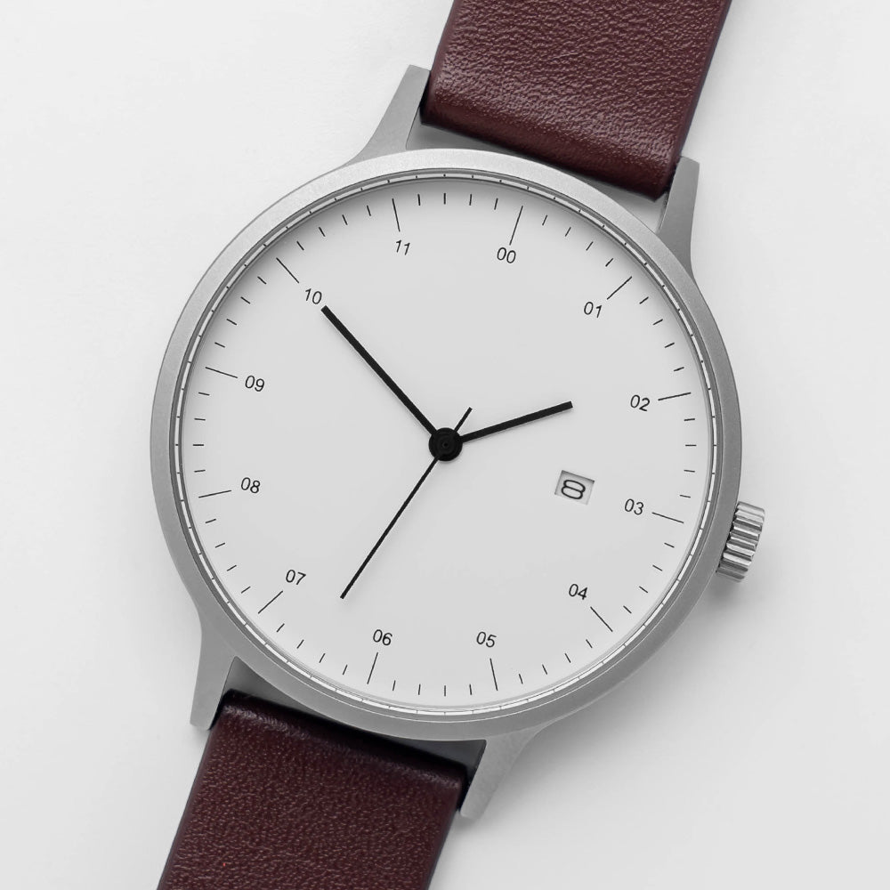 B30 Watch, Silver Case, White Dial, Calendar, Leather Strap - Coffee