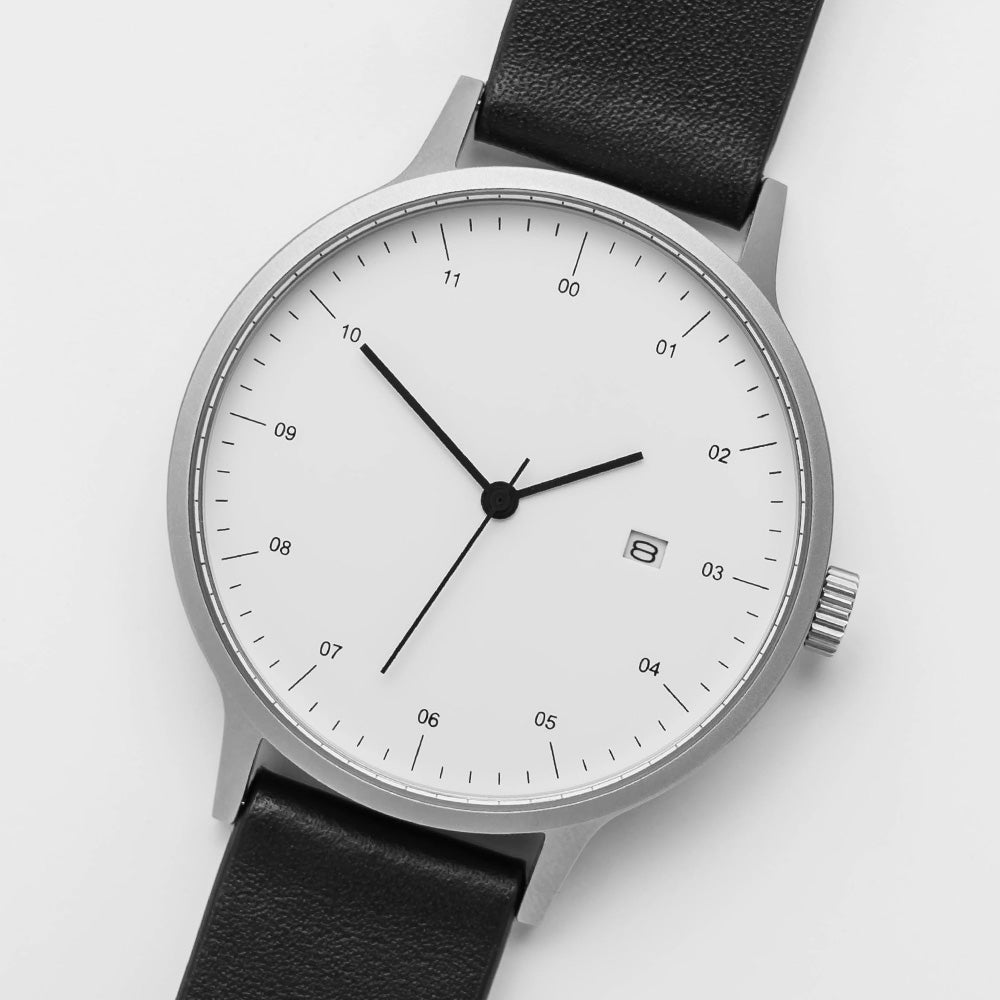 B30 Watch, Silver Case, White Dial, Calendar, Leather Strap - Black