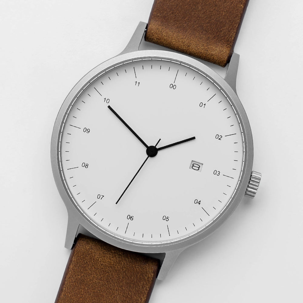 B30 Watch, Silver Case, White Dial, Calendar, Leather Strap - Brown Suede