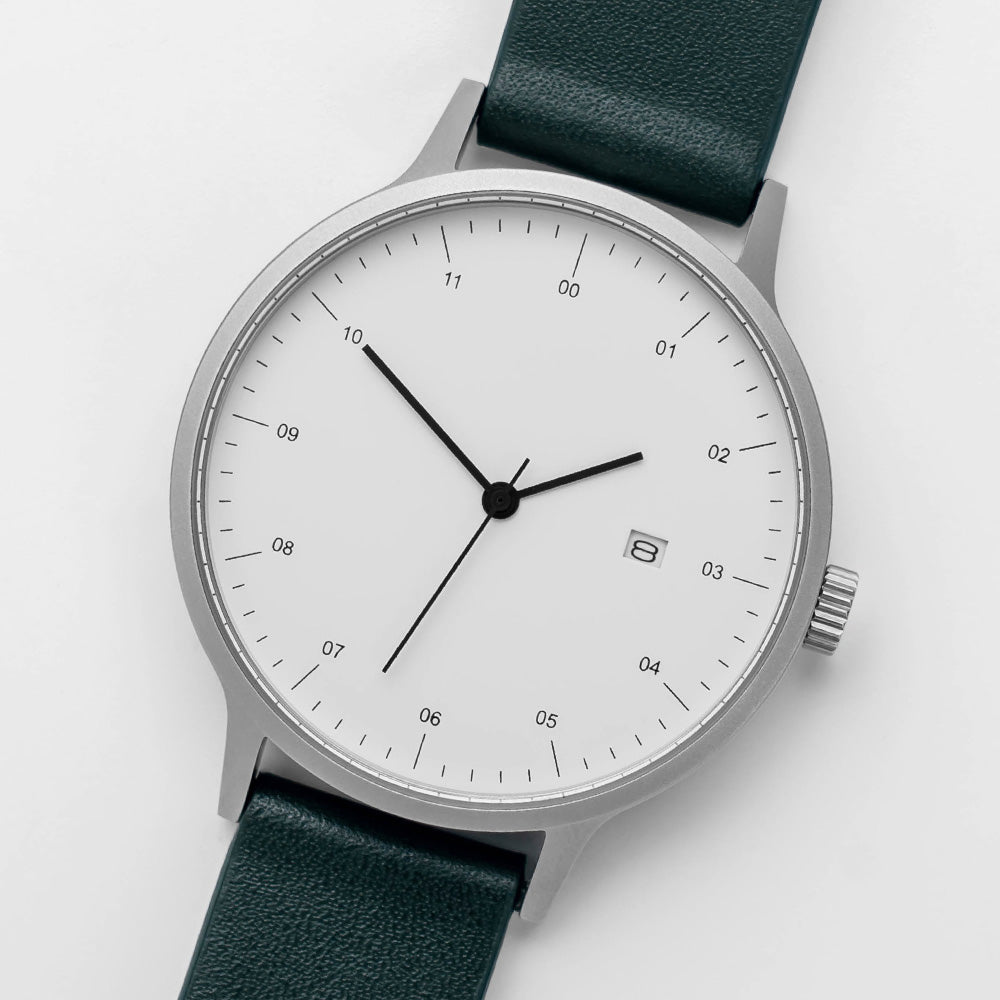 B30 Watch, Silver Case, White Dial, Calendar, Leather Strap - Green