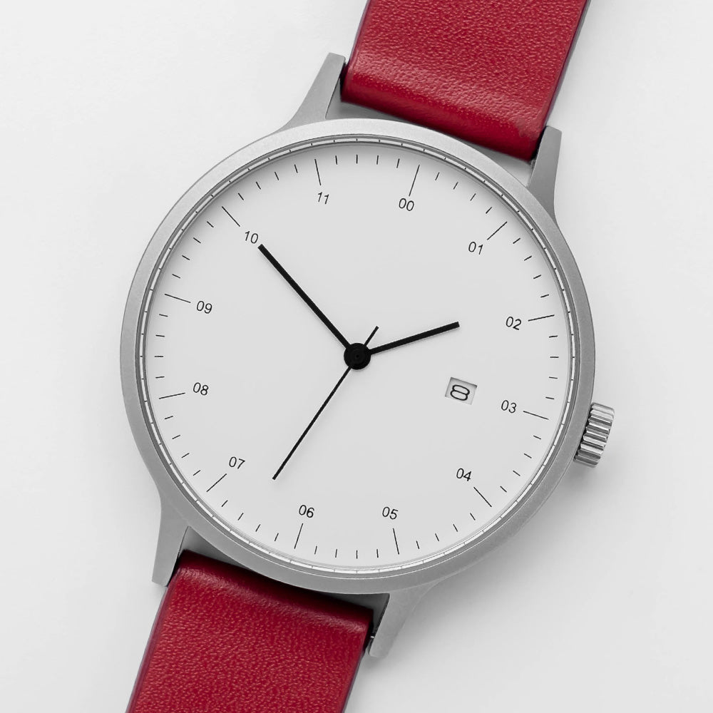 B30 Watch, Silver Case, White Dial, Calendar, Leather Strap - Red