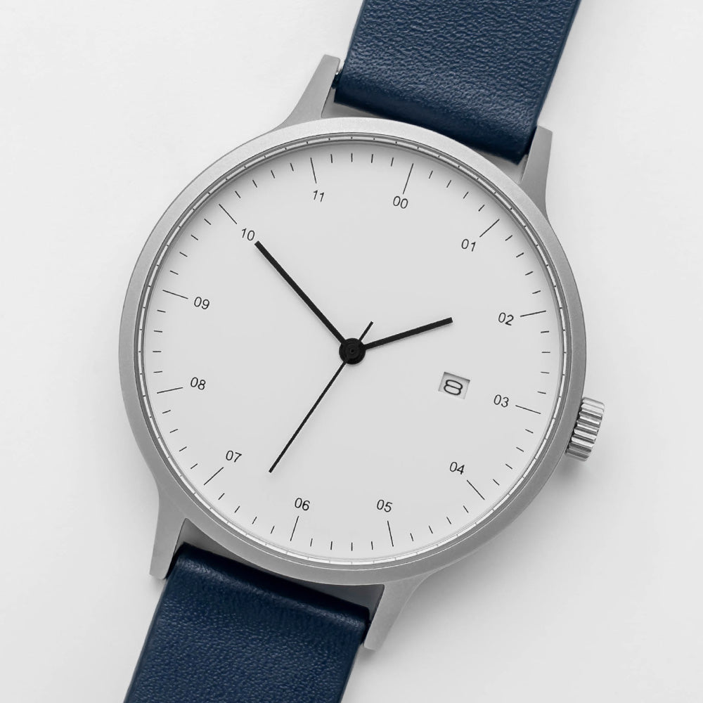B30 Watch, Silver Case, White Dial, Calendar, Leather Strap - Navy