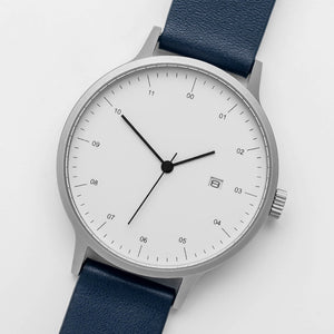B30 Watch, silver case, navy leather strap