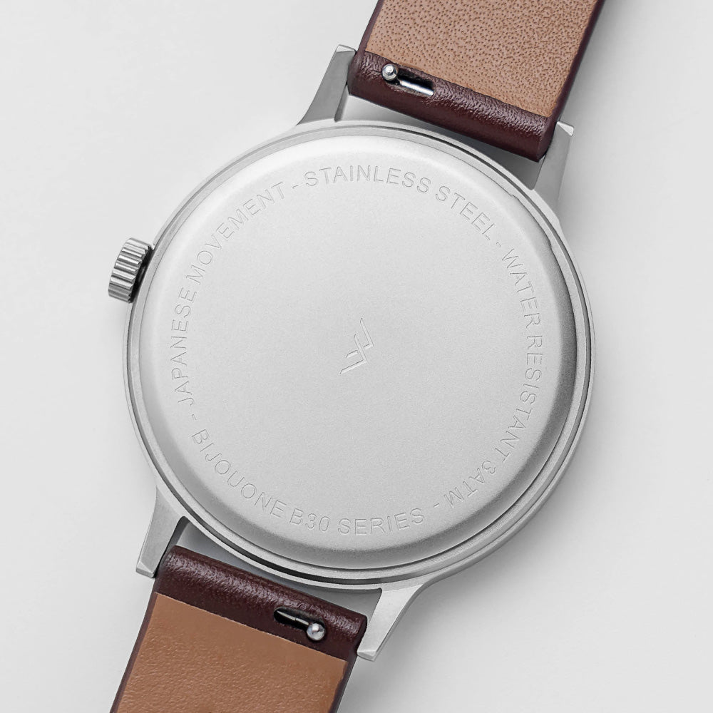 B30 Watch, Silver Case, White Dial, Calendar, Leather Strap - Coffee