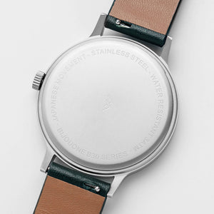 B30 Watch, silver case, green leather strap