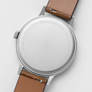 B30 Watch, silver case, brown suede leather strap