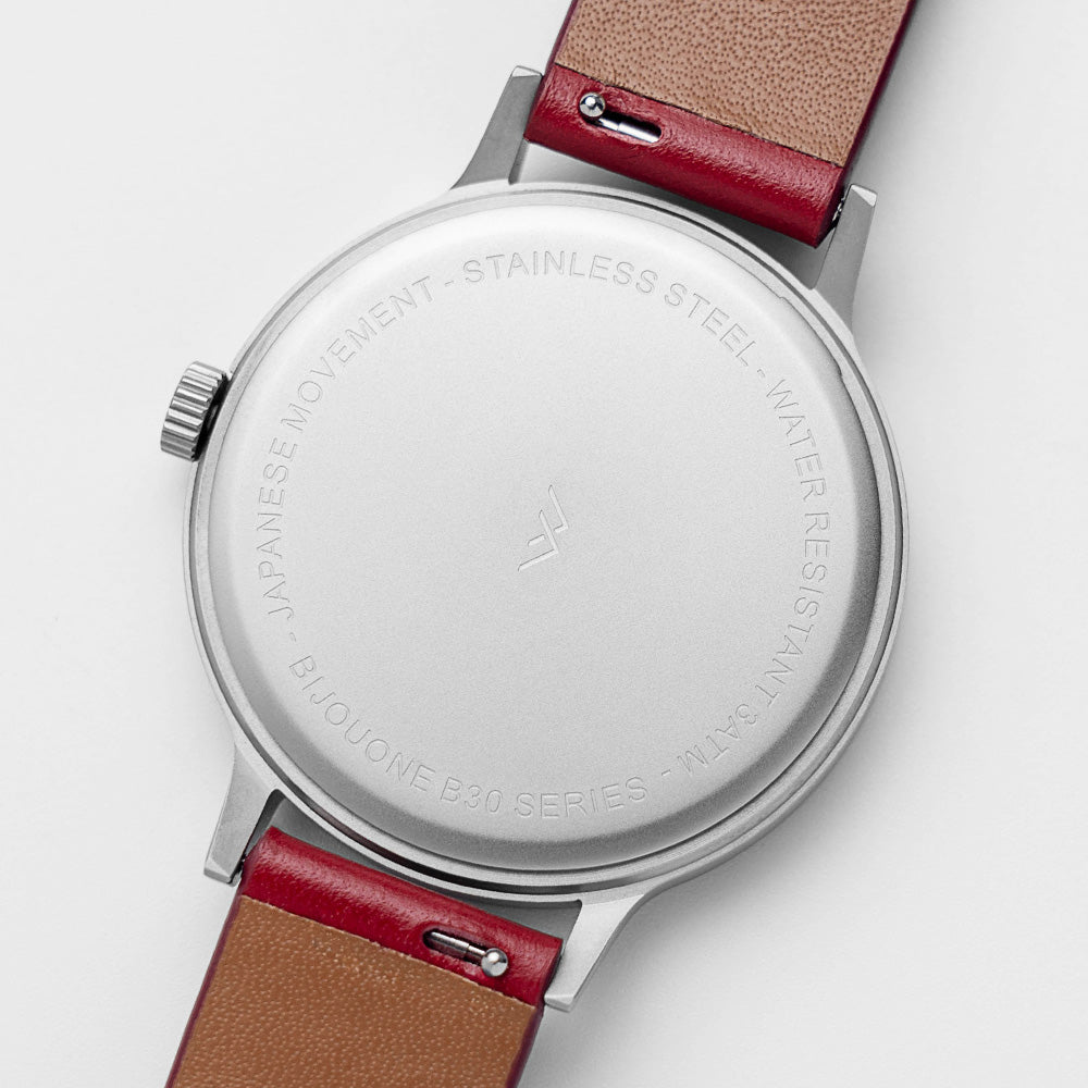B30 Watch, Silver Case, White Dial, Calendar, Leather Strap - Red