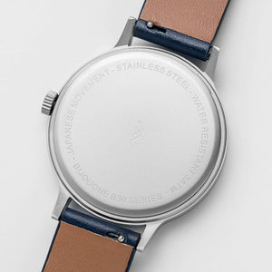 B30 Watch, silver case, navy leather strap