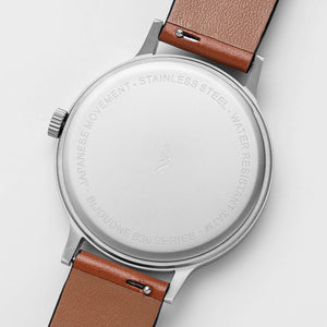 B30 Watch, silver case, tan leather strap