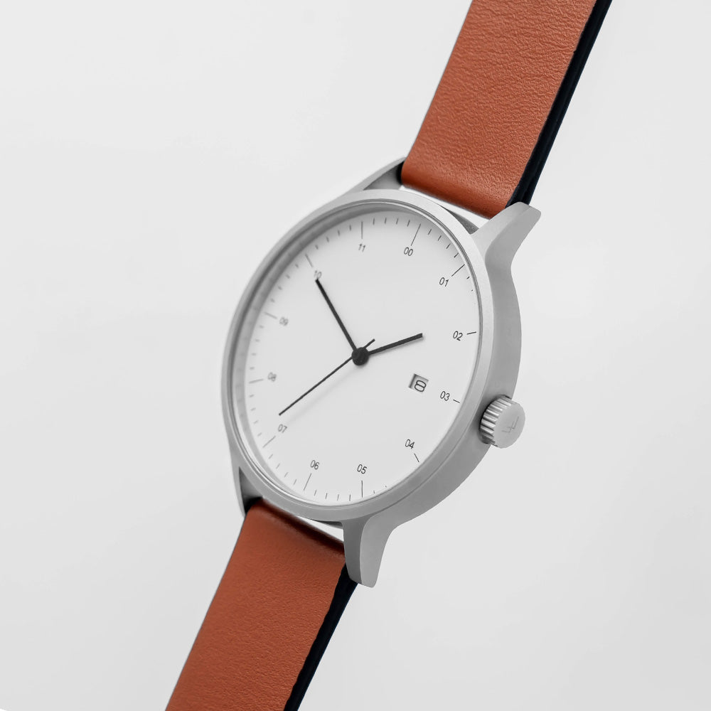 B30 Watch, Silver Case, White Dial, Calendar, Leather Strap - Tan