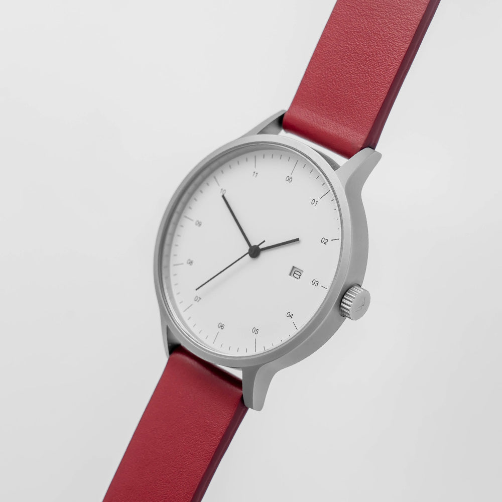 B30 Watch, Silver Case, White Dial, Calendar, Leather Strap - Red