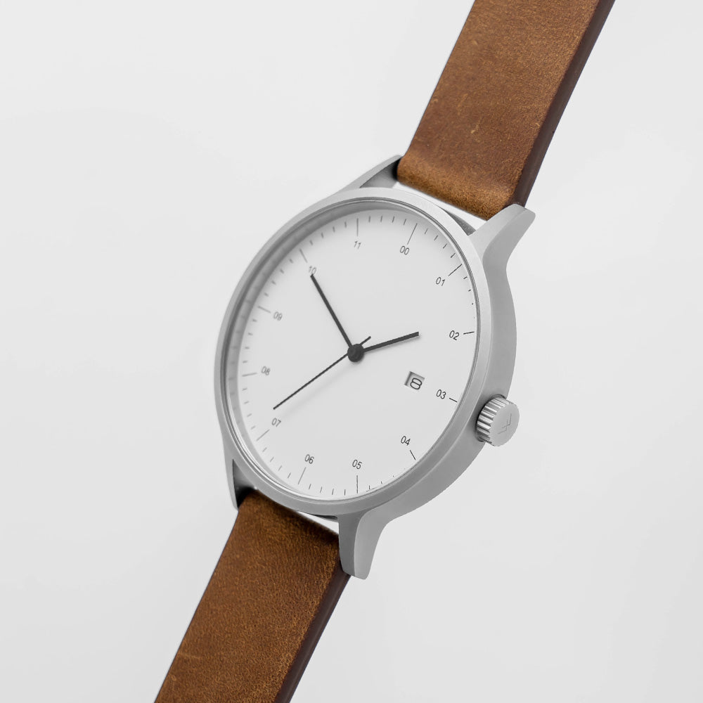 B30 Watch, Silver Case, White Dial, Calendar, Leather Strap - Brown Suede
