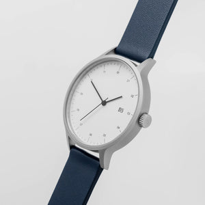 B30 Watch, silver case, navy leather strap