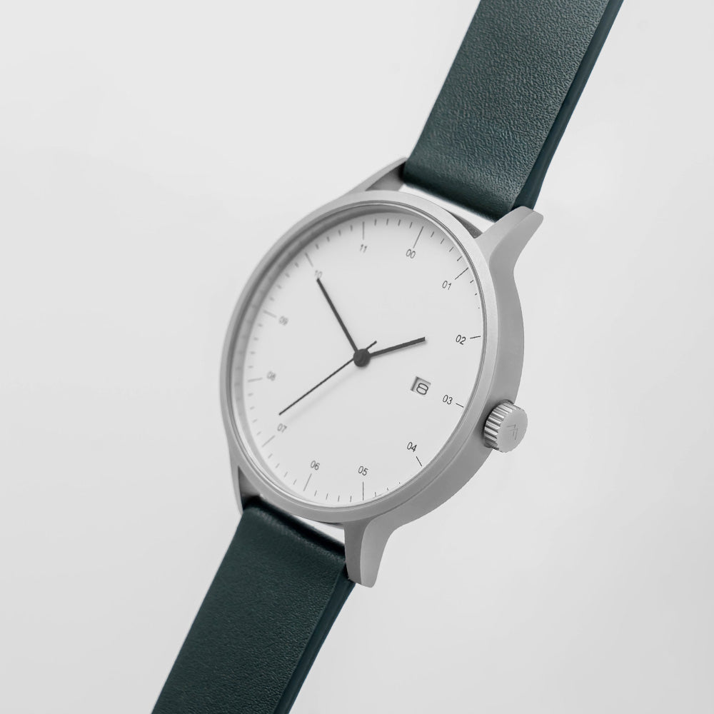 B30 Watch, Silver Case, White Dial, Calendar, Leather Strap - Green