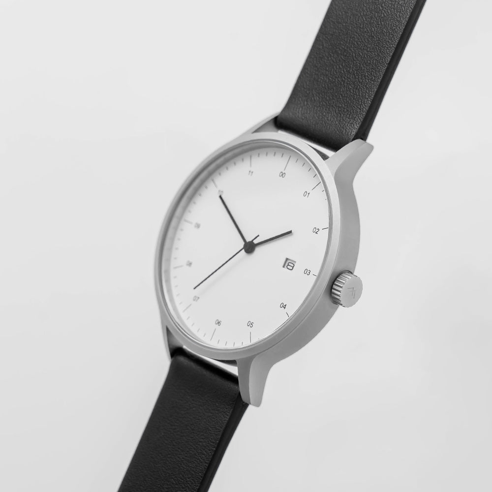 B30 Watch, Silver Case, White Dial, Calendar, Leather Strap - Black