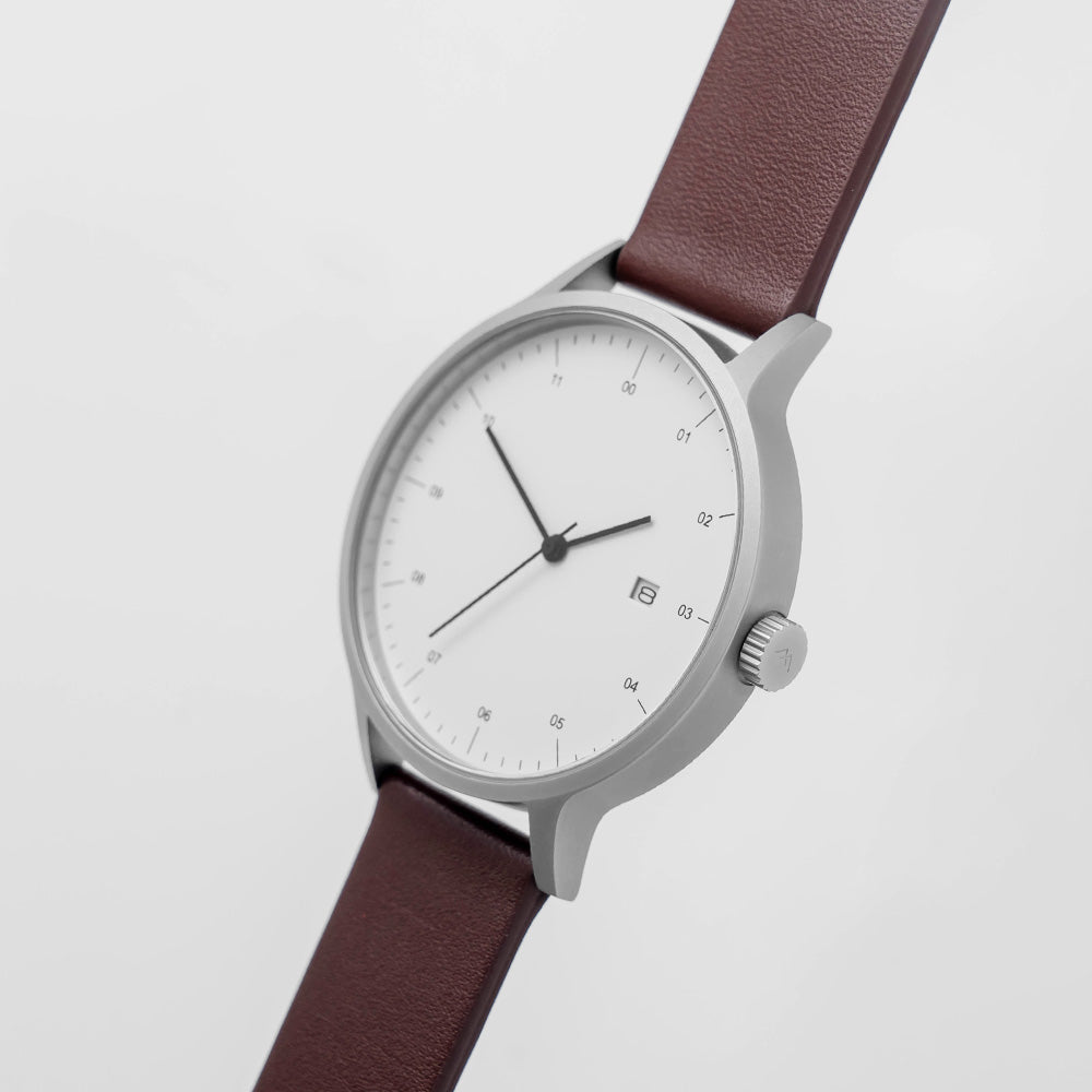B30 Watch, Silver Case, White Dial, Calendar, Leather Strap - Coffee