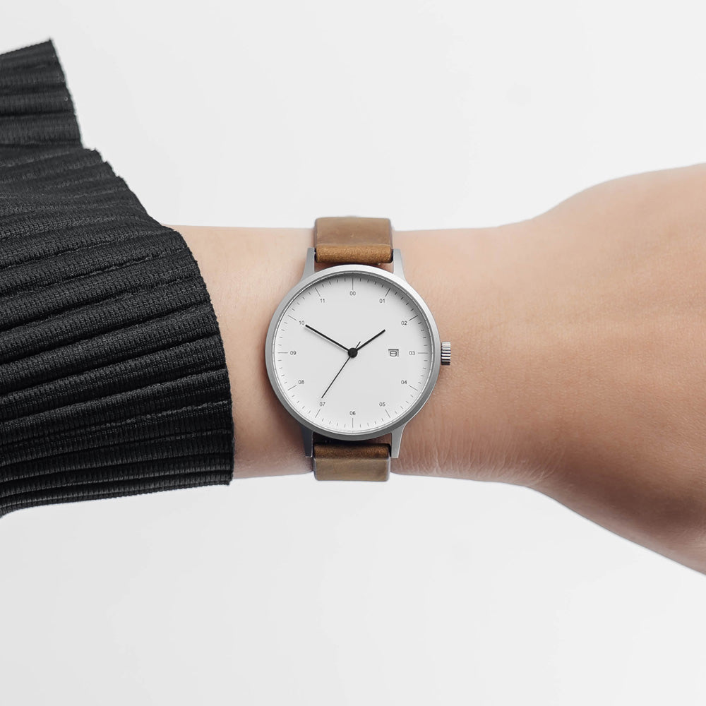 B30 Watch, Silver Case, White Dial, Calendar, Leather Strap - Brown Suede