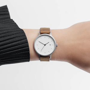B30 Watch, silver case, brown suede leather strap