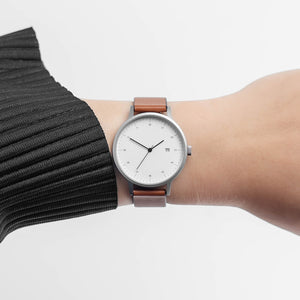 B30 Watch, silver case, tan leather strap