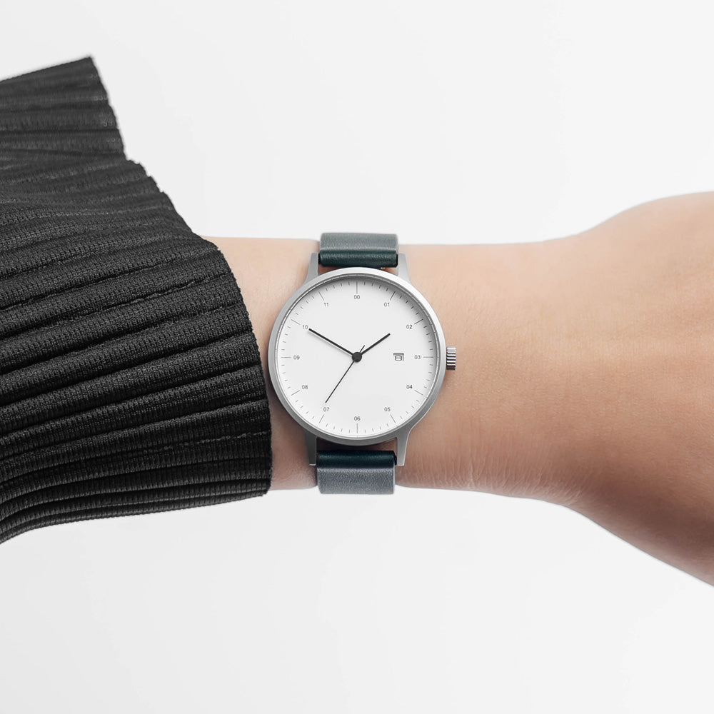 B30 Watch, Silver Case, White Dial, Calendar, Leather Strap - Green