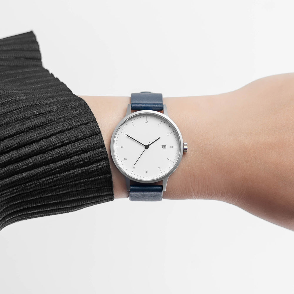 B30 Watch, Silver Case, White Dial, Calendar, Leather Strap - Navy