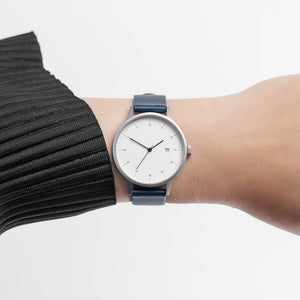 B30 Watch, silver case, navy leather strap