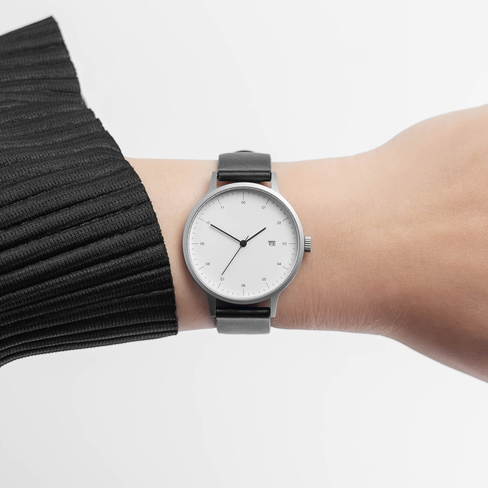 B30 Watch, Silver Case, White Dial, Calendar, Leather Strap - Black