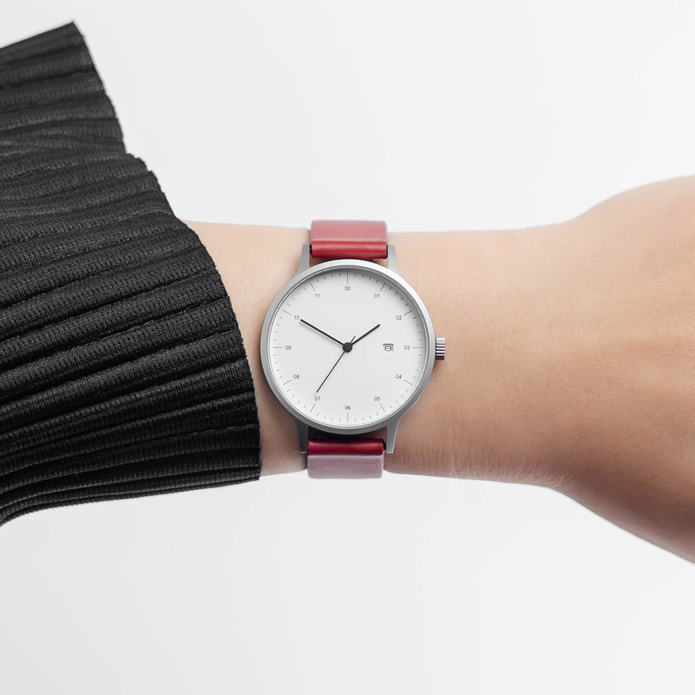 B30 Watch, Silver Case, White Dial, Calendar, Leather Strap - Red