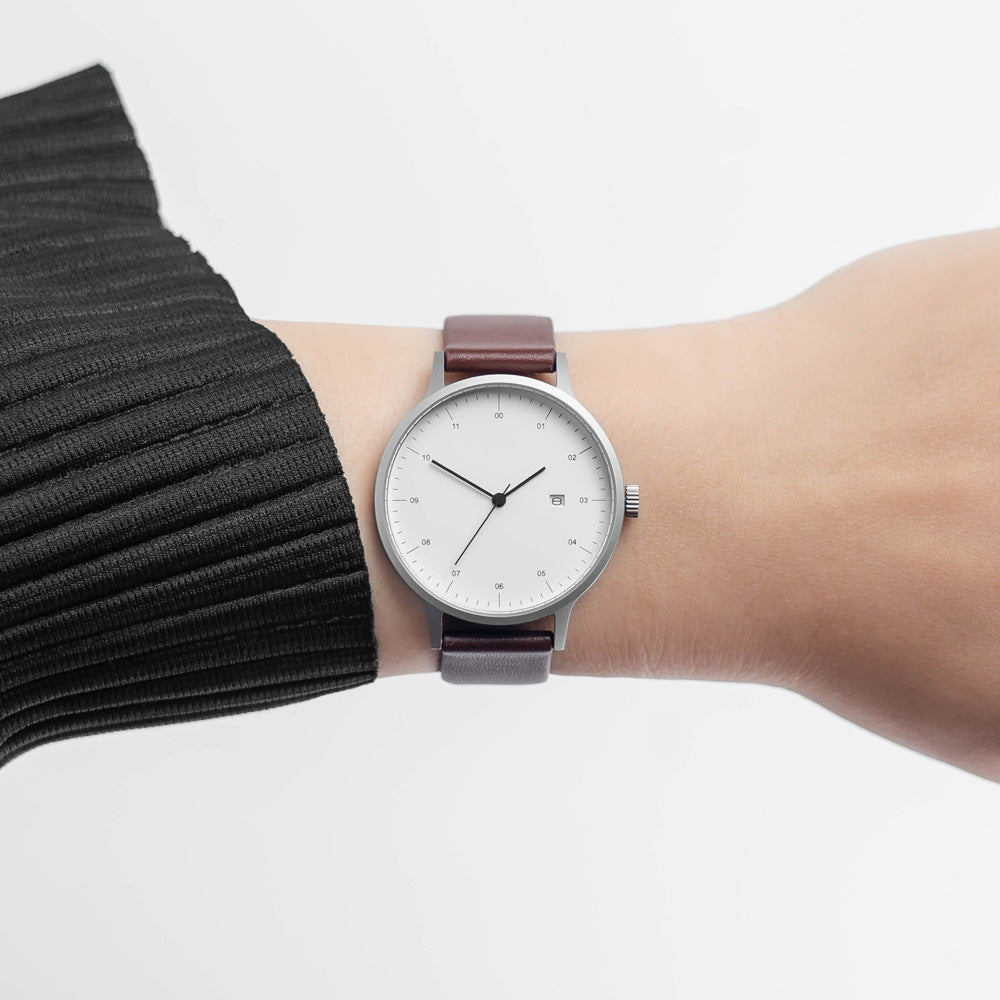 B30 Watch, Silver Case, White Dial, Calendar, Leather Strap - Coffee